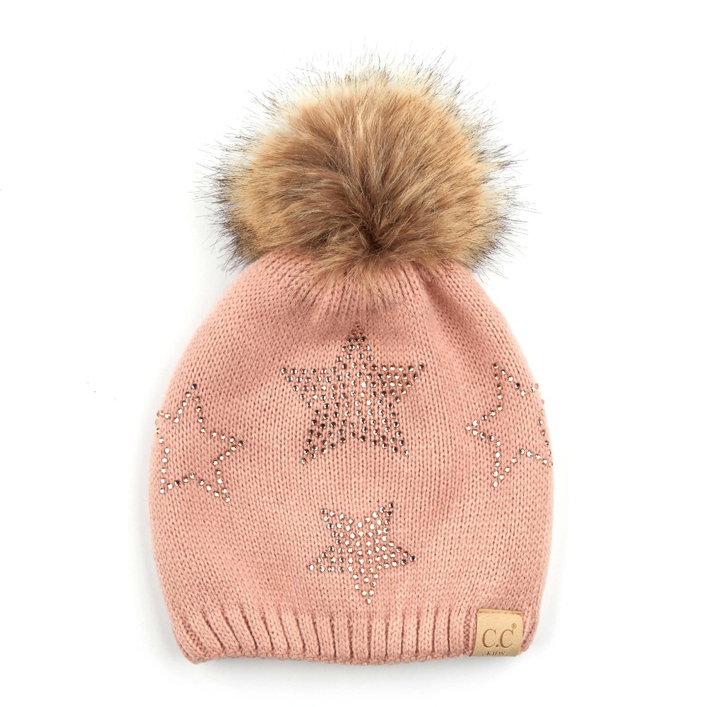 C.C Kids Star Rhinestone Beanie W. Faux Fur Pom
